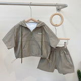 Free Shipping Boys Summer Suit New Short Sleeve Korean Style Children's Baby Comfortable Western Style Hooded Two-Piece Set