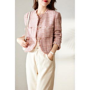 2025 Wool pink small fragrant coat, spring and autumn new tweed  spring short coat top women's wholesale