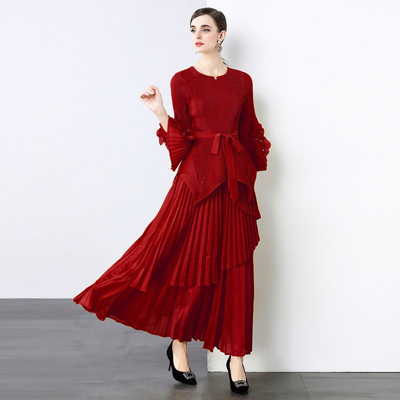 Spring new  light luxury temperament elegant fashion pleated clothes two-piece temperament irregular skirt