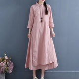 Chinese style buckle improved cotton and linen dress  spring and autumn double-layer Chinese zen tea clothes literary and retro women's clothing