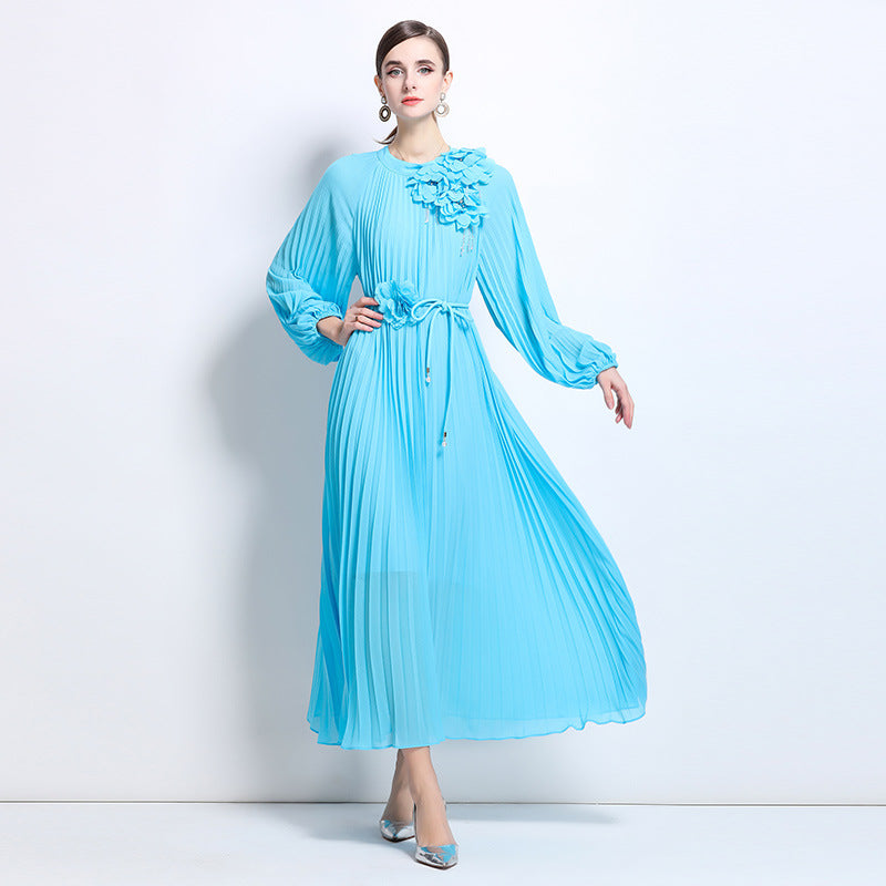 celebrity temperament dress women's high-end sense unique design flower slim and thin pleated long dress