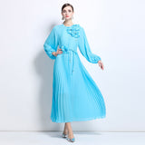 celebrity temperament dress women's high-end sense unique design flower slim and thin pleated long dress