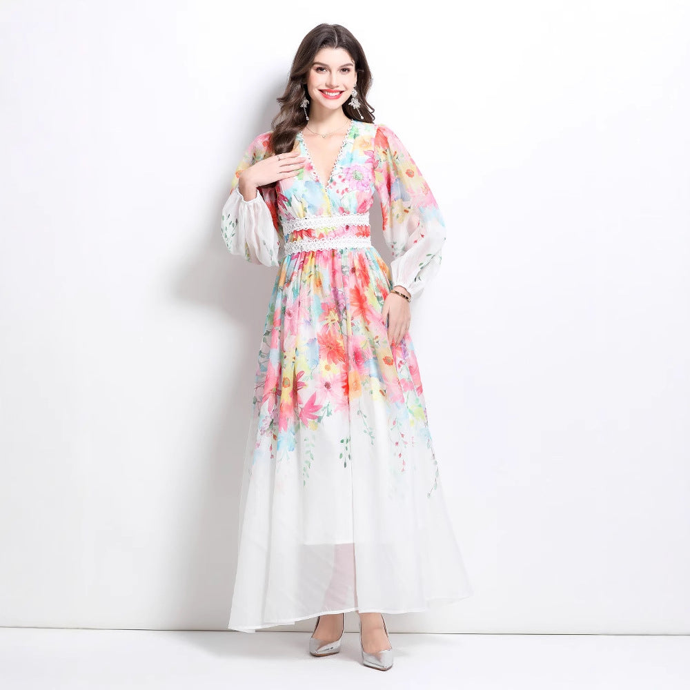 Popular trade  holiday style women's clothing new flower oil painting style lace splicing V-neck long dress