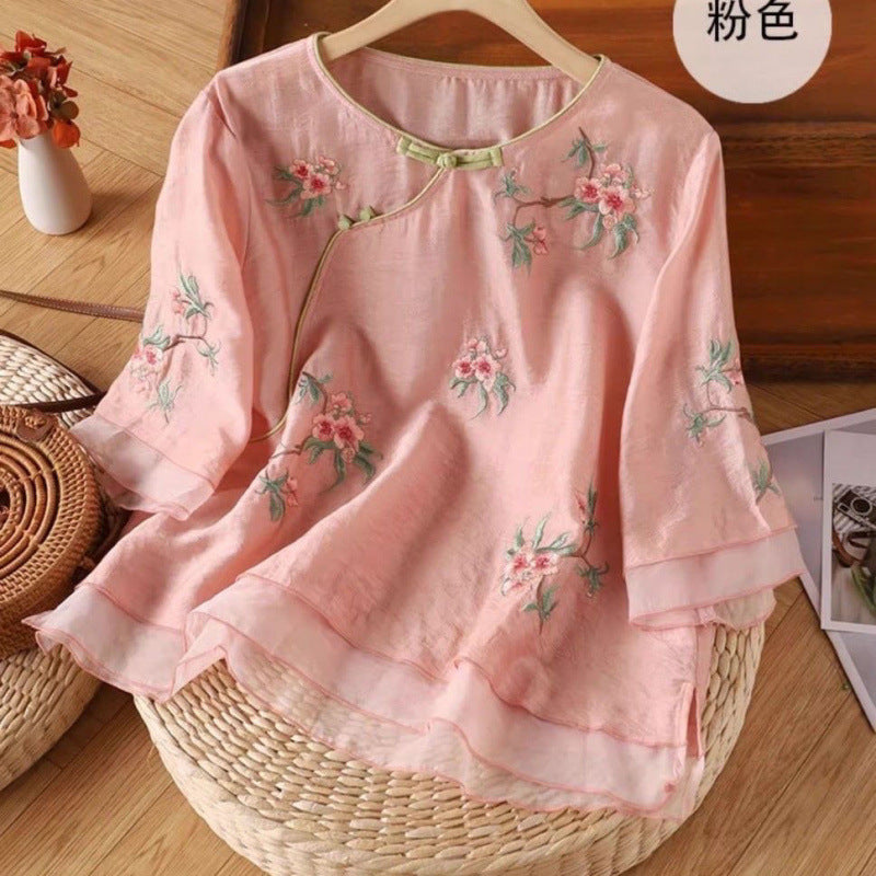 Literary retro embroidered cotton and linen shirt  summer new loose large size casual zen tea clothes shirt top