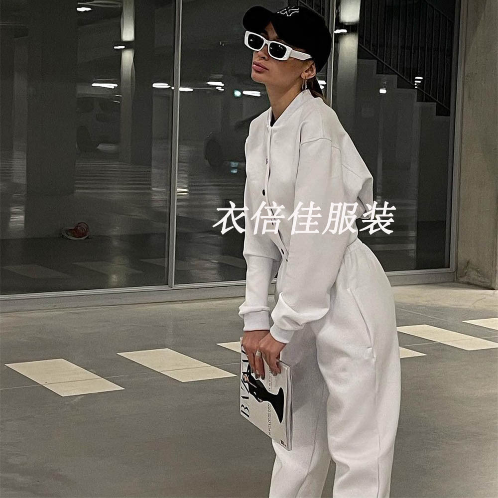 GOOSUDU New 2025 autumn and winter color matching long-sleeved short sweater baseball jacket women's two-piece leggings suit fashion and leisure