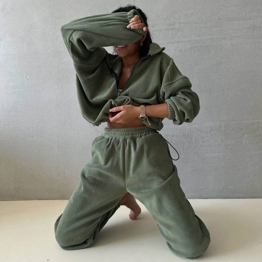 GOOSUDU New fleece sweater set for women, 2025 style autumn and winter new POLO collar top casual pants two-piece set for women