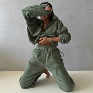 GOOSUDU New fleece sweater set for women, 2025 style autumn and winter new POLO collar top casual pants two-piece set for women