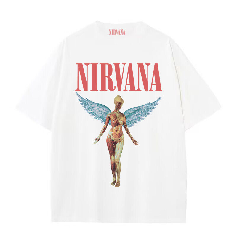 GOOSUDU Nirvana Band Rock Nirvana Cobain Cococoben Worn Looking Washed-out Vintage Batik Loose T-shirt