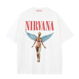 GOOSUDU Nirvana Band Rock Nirvana Cobain Cococoben Worn Looking Washed-out Vintage Batik Loose T-shirt