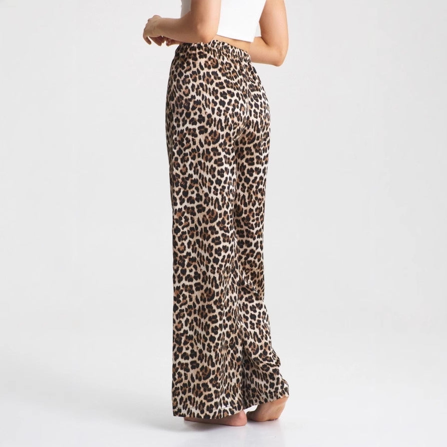 Popular, , New  summer new explosive leopard print casual wide-leg pants elastic waist woven trousers