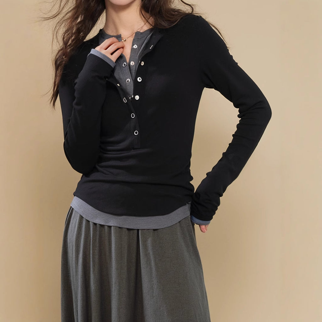 2025 Brown contrasting color fake two-piece long-sleeved knitted sweater women's autumn popular new fashion Popular slim-fit top