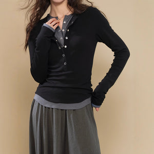 2025 Brown contrasting color fake two-piece long-sleeved knitted sweater women's autumn popular new fashion Popular slim-fit top