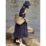 High-end ramie dress  summer new fashion temperament blue elegant loose and thin long dress women