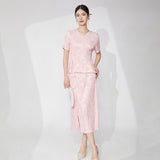 2025 Guofeng women's clothing high-end suit, retro button-up new Chinese T-shirt, short-sleeved hip-wrapped skirt, pleated two-piece set