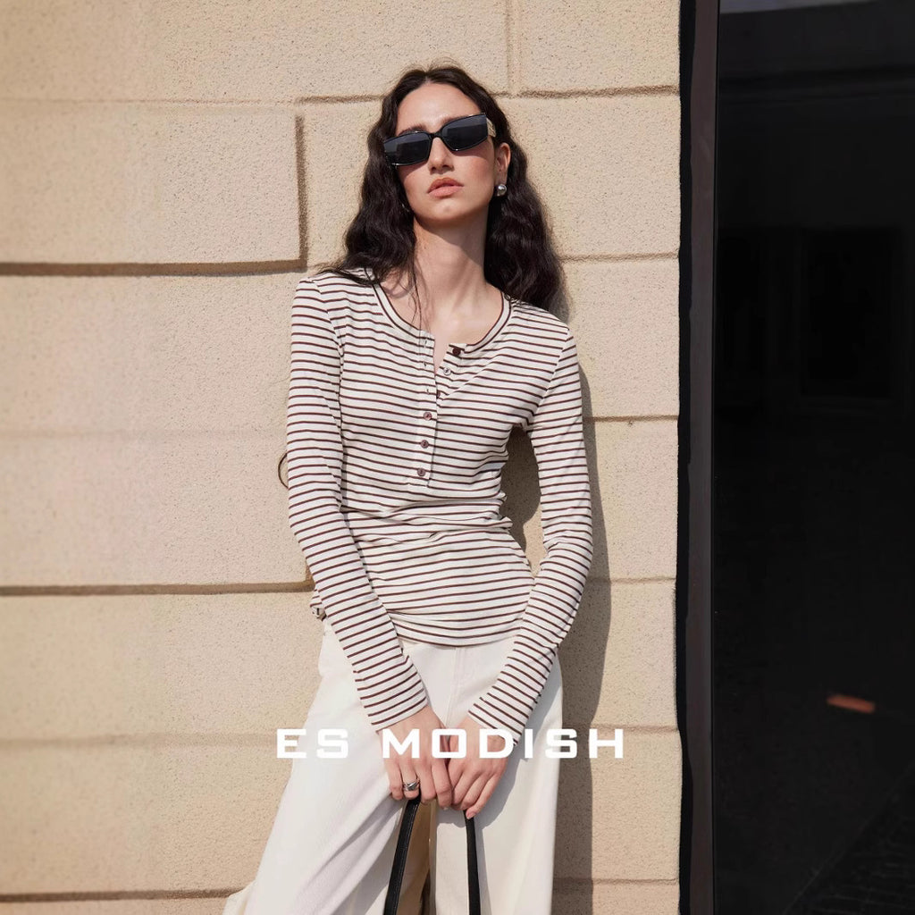 2025 ES MODISH spring new product casual and thin horizontal striped long-sleeved T-shirt button design outer wear pullover knitted sweater