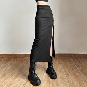 2025 style 2022 summer new women's clothing temperament commuter waist hip bag solid color slit disc button long skirt skirt