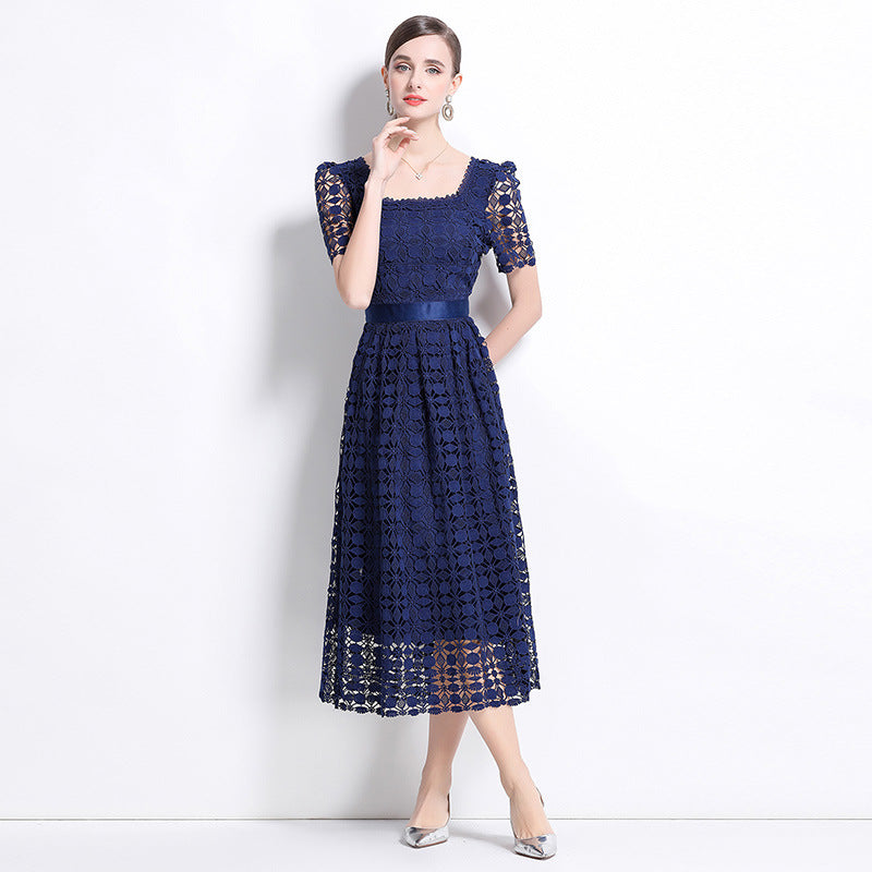 women's clothing spring and summer  new square collar bubble sleeves sweet dress heavy industry lace thin umbrella swing length