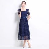 women's clothing spring and summer  new square collar bubble sleeves sweet dress heavy industry lace thin umbrella swing length