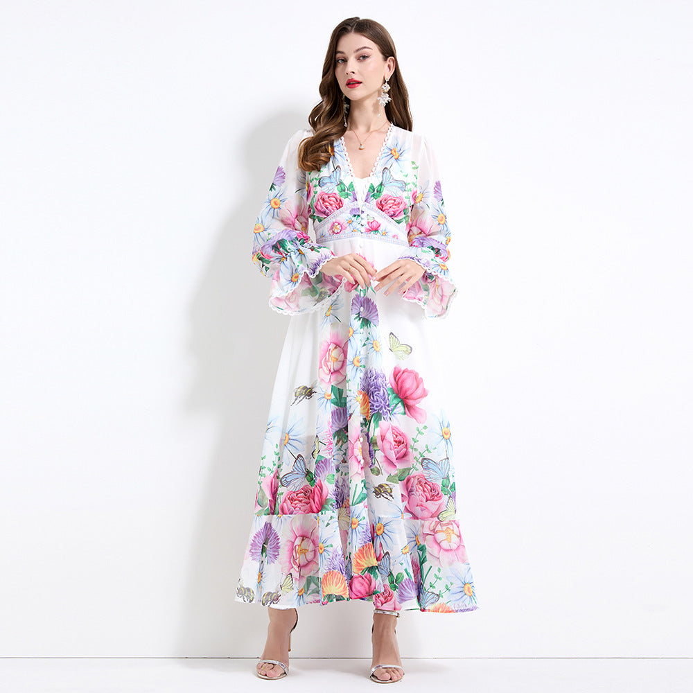 niche vacation style deep V-neck lace splicing dress women's high waist and thin ruffle edge printed long dress