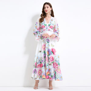 niche vacation style deep V-neck lace splicing dress women's high waist and thin ruffle edge printed long dress