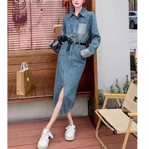 2025 Autumn retro denim skirt long-sleeved dress  early autumn new women's clothing fashion trend split high sense