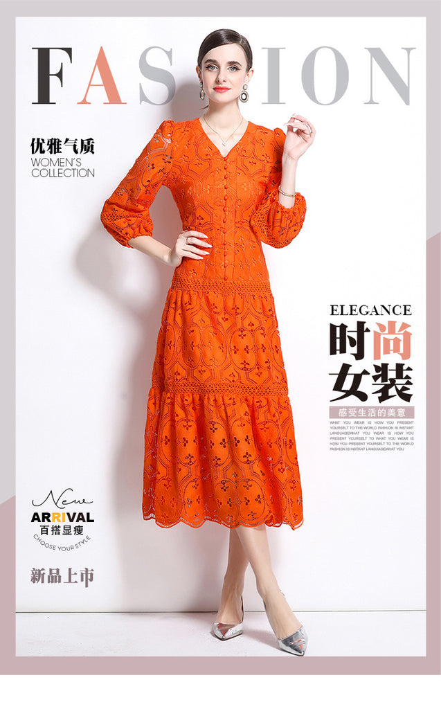 women's dress  new  retro hollowed crochet waist lantern sleeve pendulum long skirt