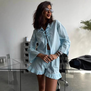 spring and summer new women's clothing solid color lapel long-sleeved lace-up wooden ear edge short women's pants comfortable and casual suit