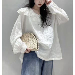 Plato temperament doll collar sweet design niche white cotton and linen comfortable shirt women