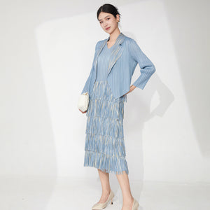2025 Women's summer suit two-piece skirt bronzing blazer sleeveless fringed dress temperament commuter pleated suit