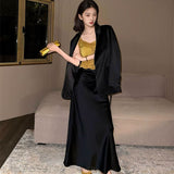 Spring new retro pinch pleated design sense acetic acid fishtail long skirt temperament advanced thin skirt women N1019