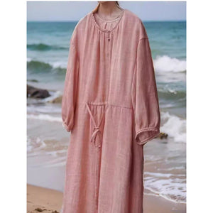 spring and summer new literary and retro loose large size thin dress medium and long seven-quarter sleeve waist skirt