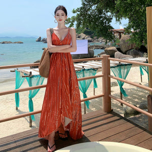 2025 Orange-toned retro tie-dye V-neck halter neck holiday dress is beautiful, super good-looking seaside beach dress