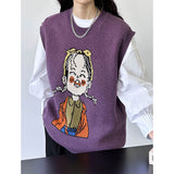 2025 popular spring cartoon knitted vest women's Korean loose lazy wind vest sweater vest 867