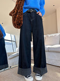 2025 popular winter new Korean versatile loose velvet flanged striped denim wide-leg pants 6373