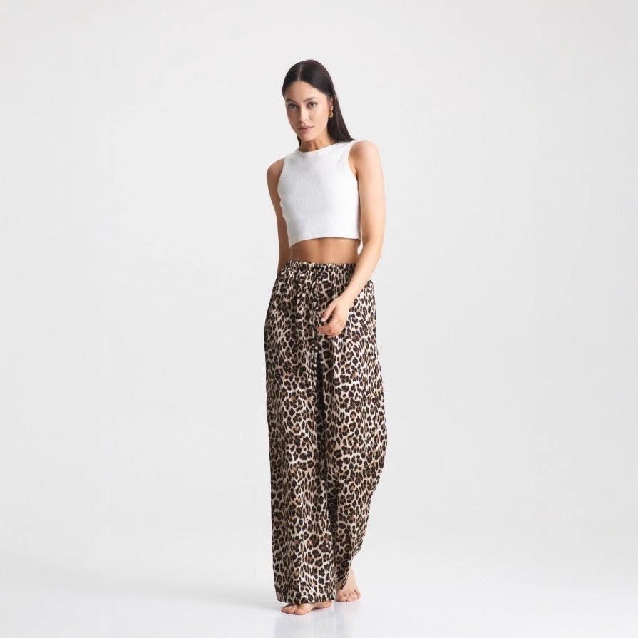 Popular, , New  summer new explosive leopard print casual wide-leg pants elastic waist woven trousers