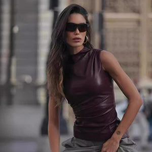 GOOSUDU 2025 SC005   style women's clothing popular new leather stacking collar personalized waist diagonal swing sleeveless top women