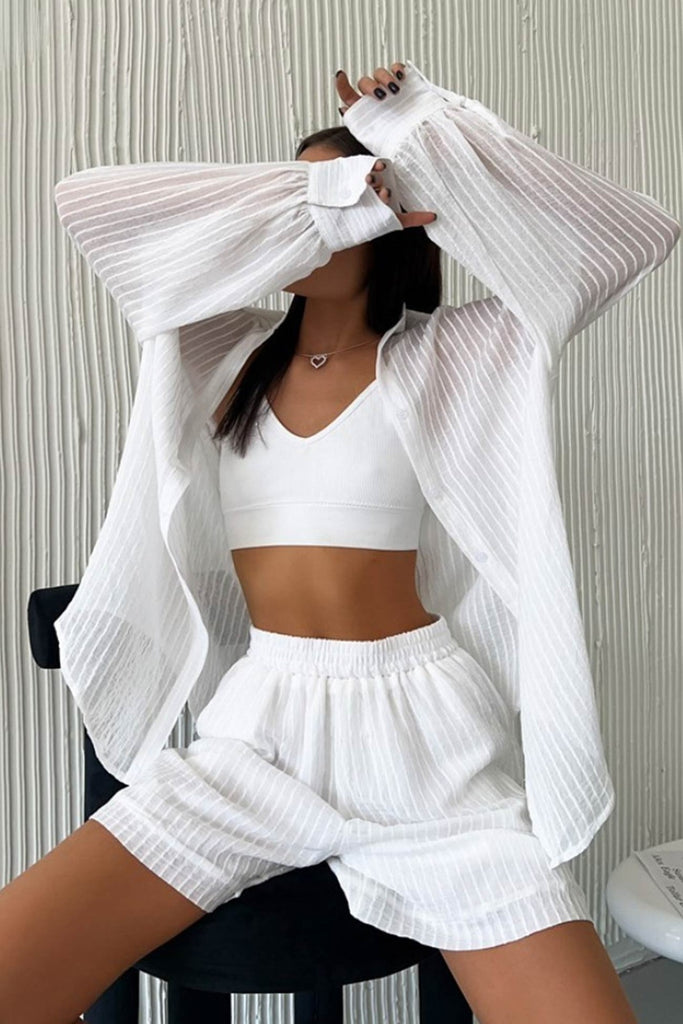 GOOSUDU Hot trade women's clothing set 2025 style New summer temperament casual texture long sleeve vertical pattern shirt shorts set