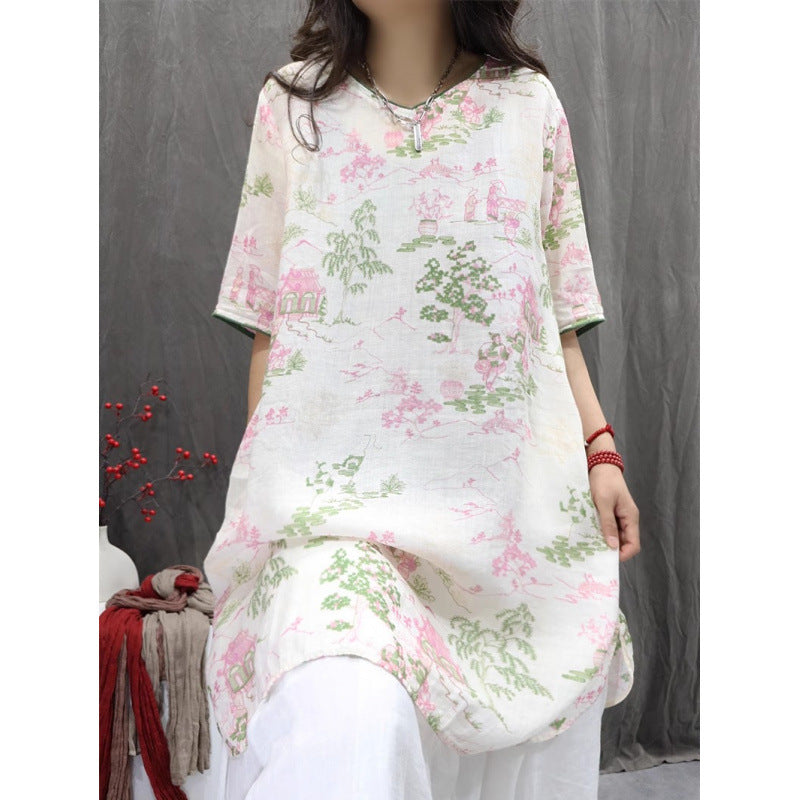 summer new literary printing light and loose large size personality Popular style casual versatile medium and long shirt women
