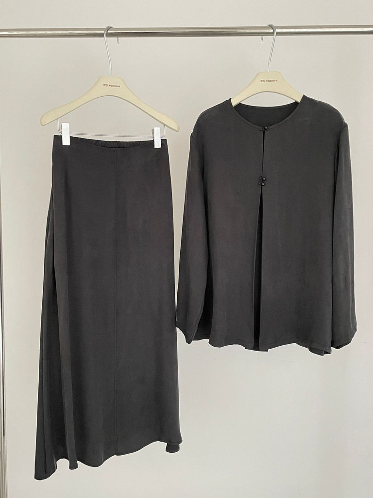 2025 ES MODISH spring new national style retro simple and elegant long-sleeved shirt + A-shaped skirt suit for girls