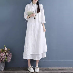 Chinese style buckle improved cotton and linen dress  spring and autumn double-layer Chinese zen tea clothes literary and retro women's clothing