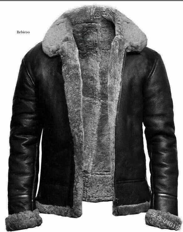 2025 Winter casual zipper zipper digging bag lapel spot middle-aged black solid color real fur fit men's clothing