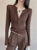 2025 Brown contrasting color fake two-piece long-sleeved knitted sweater women's autumn popular new fashion Popular slim-fit top