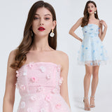 gentle atmosphere tube top dress women's summer mesh three-dimensional flower light luxury fairy A-shaped skirt