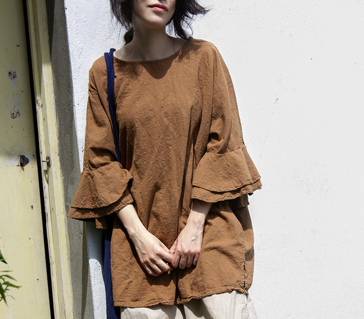 Shan Qian Nianyi, simple design sand wash loose casual literary summer linen cotton lotus leaf sleeve top