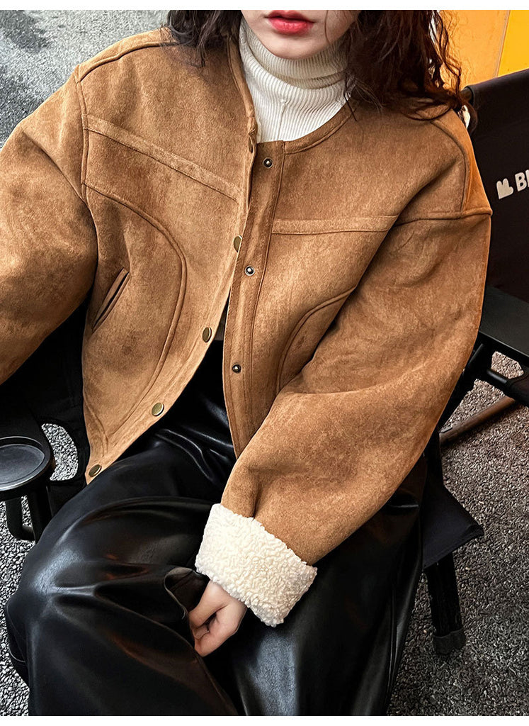 2025 Philadelphia sunset suede lamb wool short coat women's autumn and winter fur integrated thickened warm small jacket