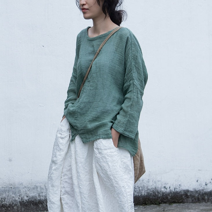 Shan Qian Nianyi, spring and summer old literary Zen cotton and linen air conditioner T-shirt age-reducing small slim top