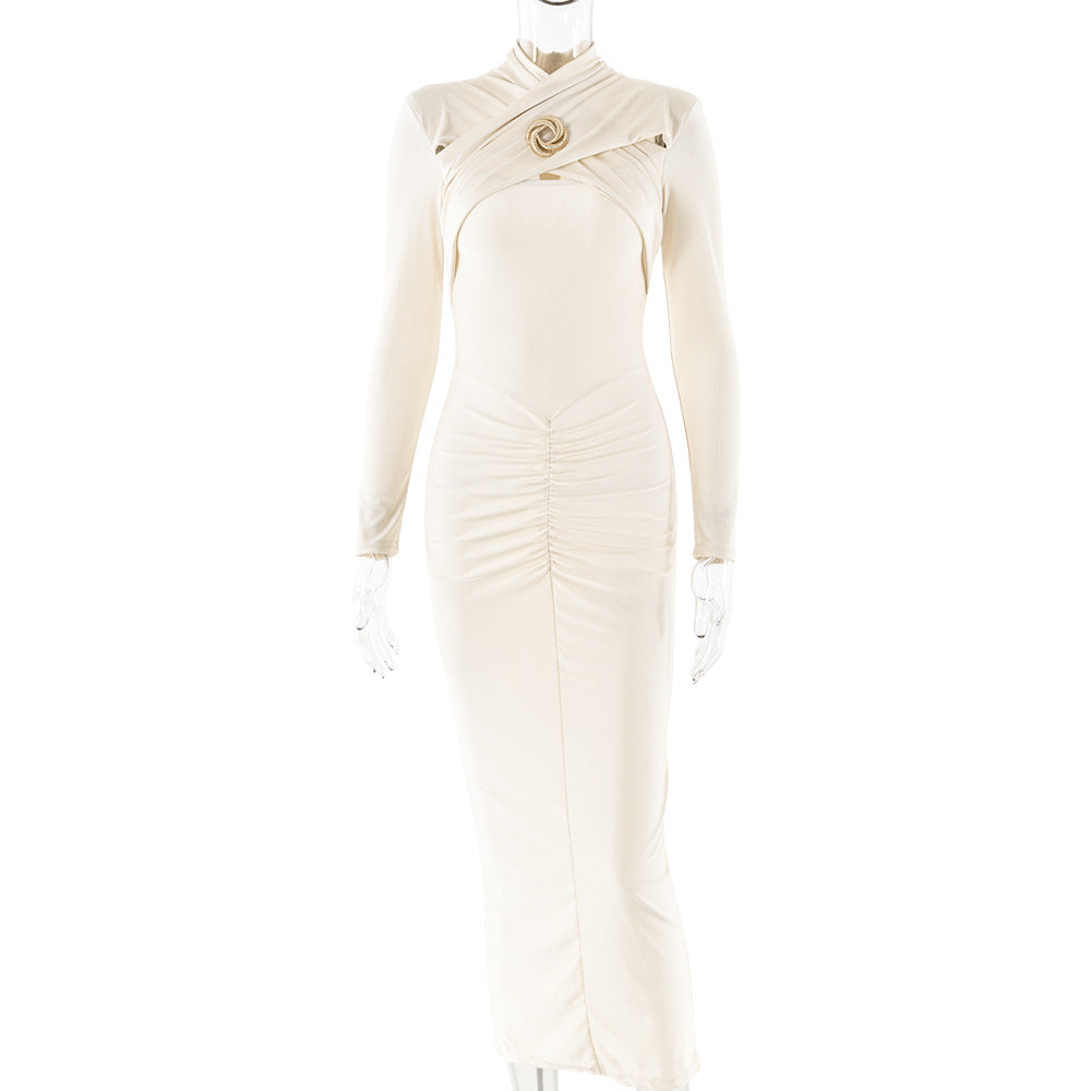 2025 New hot-selling popular new women's dress  sexy slim-fitting pleated hollow long-sleeved dress