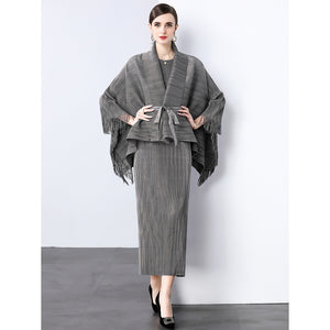 fashion high-end strap waist fringed horn sleeve lapel hot diamond pleated top + sleeveless dress