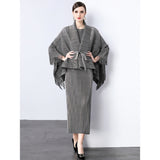 fashion high-end strap waist fringed horn sleeve lapel hot diamond pleated top + sleeveless dress