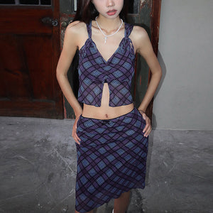 2025 style popular summer new women's clothing waist pleated plaid small vest slim skirt